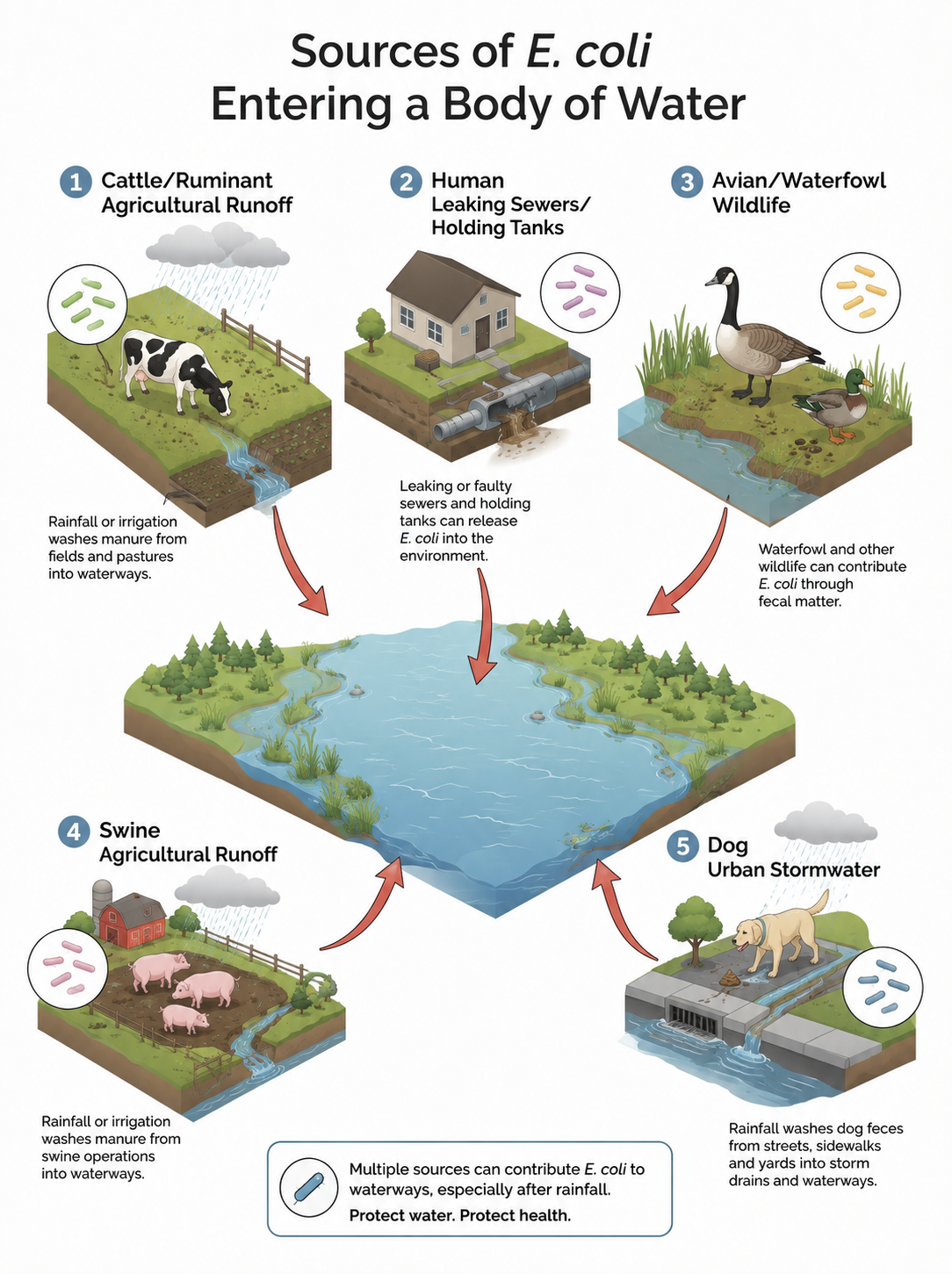 Sources of E. coli Entering a Body of Water — five contamination pathways (cattle agricultural runoff, human leaking sewers, avian wildlife, swine agricultural runoff, dog urban stormwater) flowing into a central lake, illustrating how MST qPCR identifies each source from one water sample